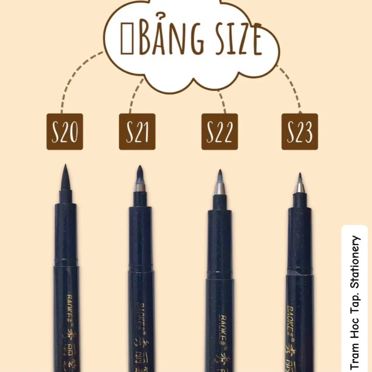 Bảng size ngòi bút brush Baoke Bảng size ngòi bút luyện chữ Calligraphy Baoke S20 S21 S22 S23