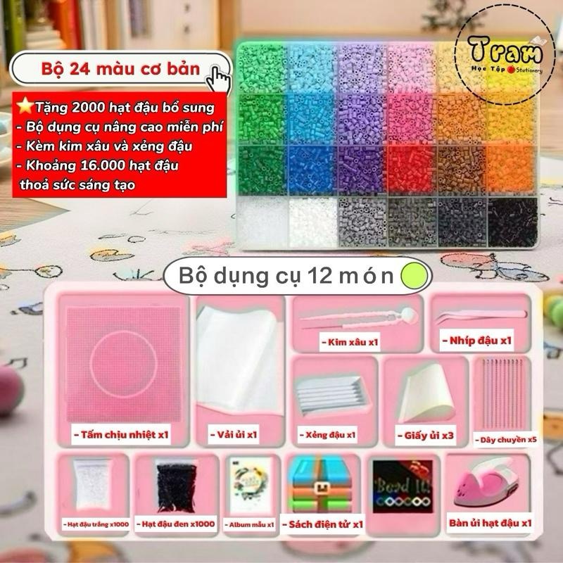 Bộ hạt nhựa ủi 24 màu cơ bản kèm 12 món dụng cụ