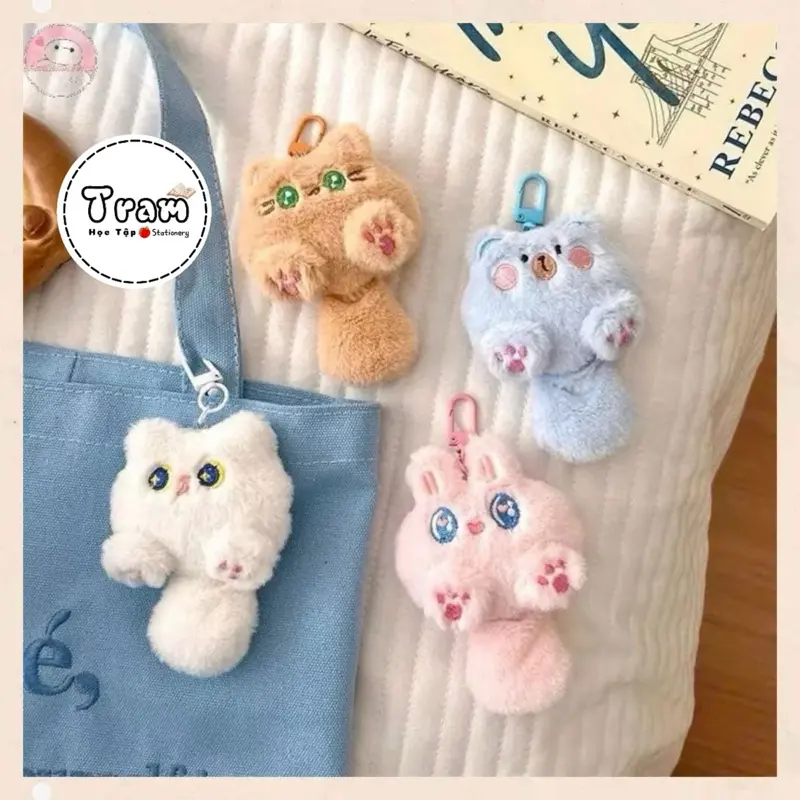 Móc khóa sóc bông trang trí treo túi vải canvas xanh