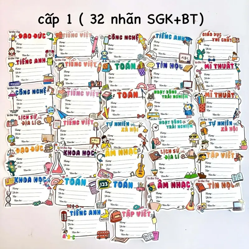 Set 32 nhãn vở in theo môn học cấp 1-2-3 cấp tiểu học