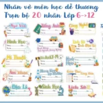 Set 20 nhãn vở in theo môn học cấp 1-2-3 lớp 6 đến lớp 12
