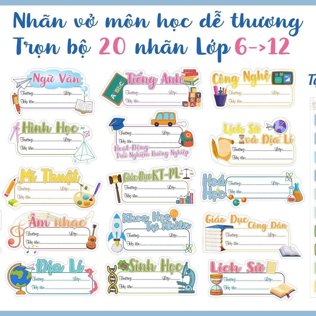 Set 20 nhãn vở in theo môn học cấp 1-2-3 lớp 6 đến lớp 12