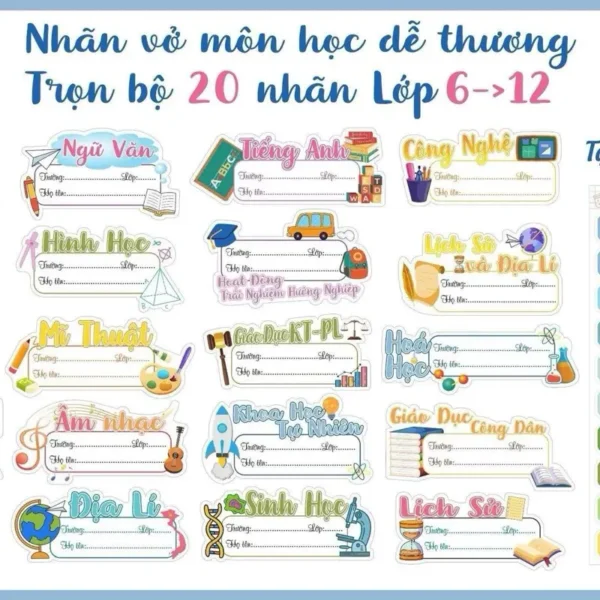 Set 20 nhãn vở dành cho lớp 6 ->12