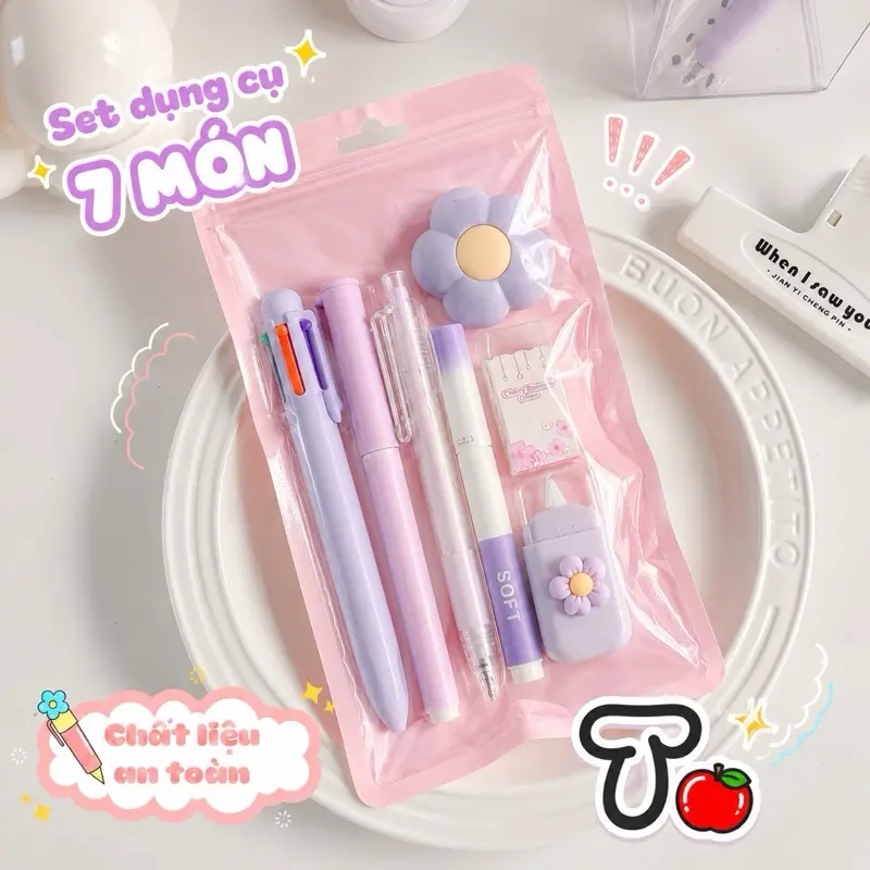 Set đồ dùng học tập học sinh túi zip tiện lợi Set dụng cụ học tập học sinh 7 món trong túi zip hồng