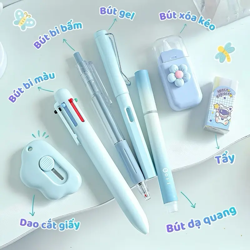 Các món đồ dùng học tập học sinh màu xanh pastel Chi tiết các món đồ dùng học tập học sinh màu xanh dương