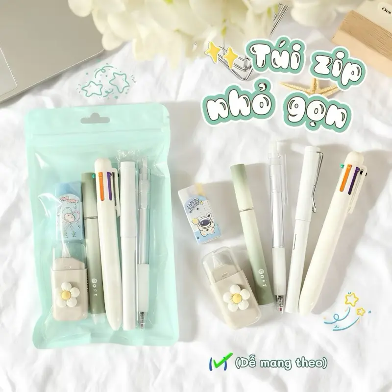 Bộ đồ dùng học tập học sinh màu xanh lá pastel Set đồ dùng học tập học sinh màu xanh lá mạ