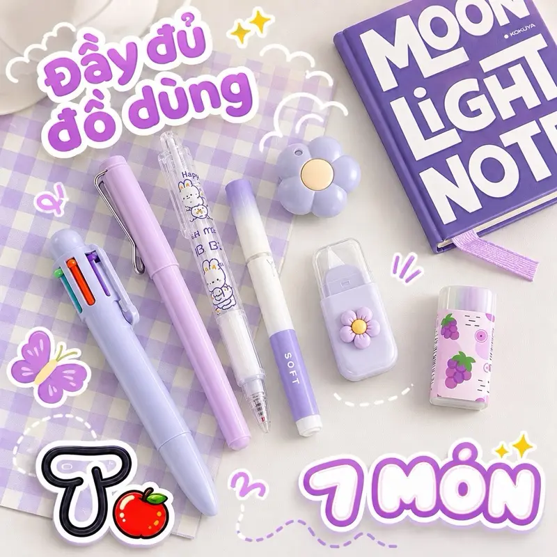 Set 7 món đồ dùng học tập học sinh màu tím Set 7 món đồ dùng học tập học sinh màu tím pastel xinh xắn